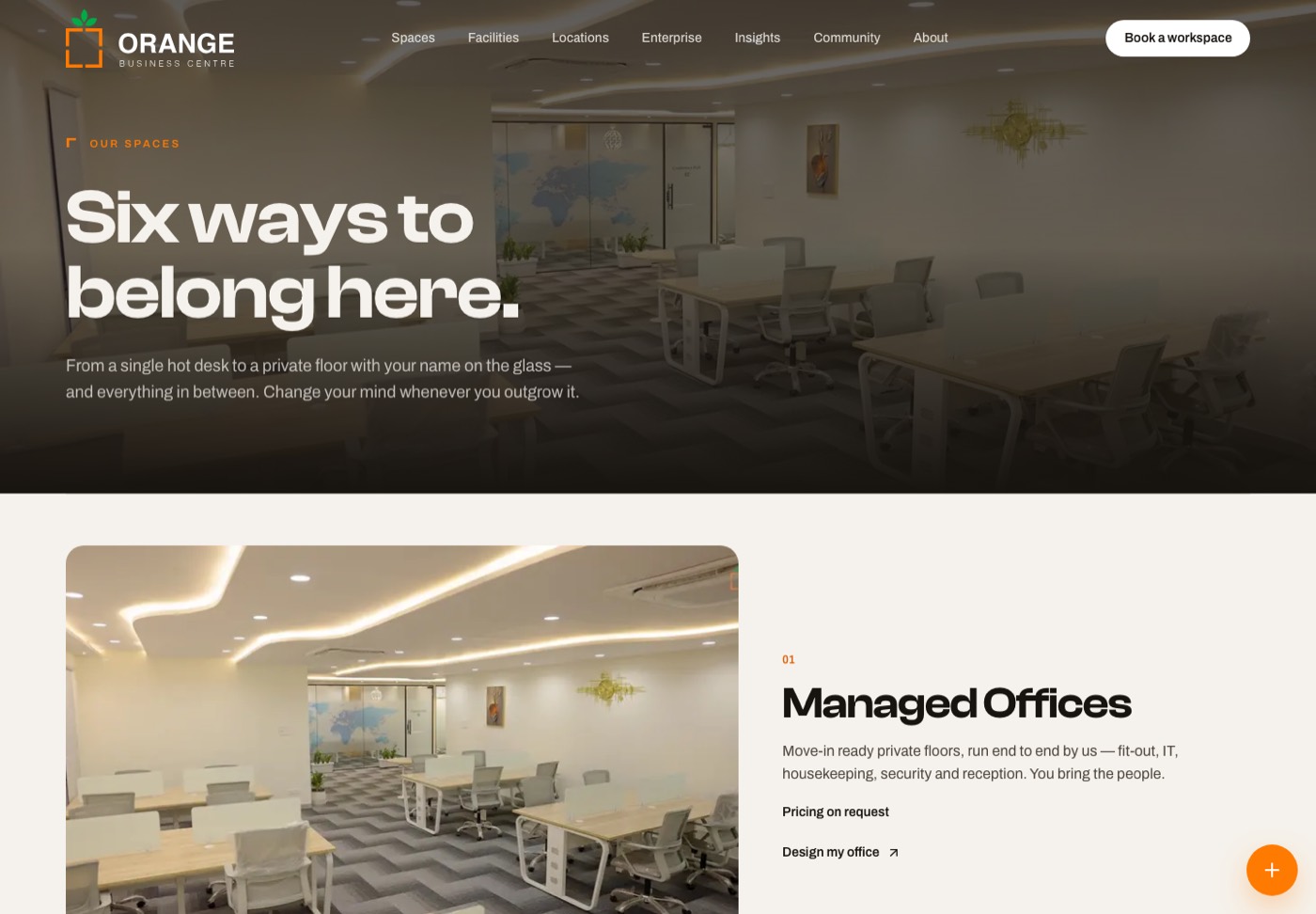 Orange Business Centre spaces page comparing six workspace types