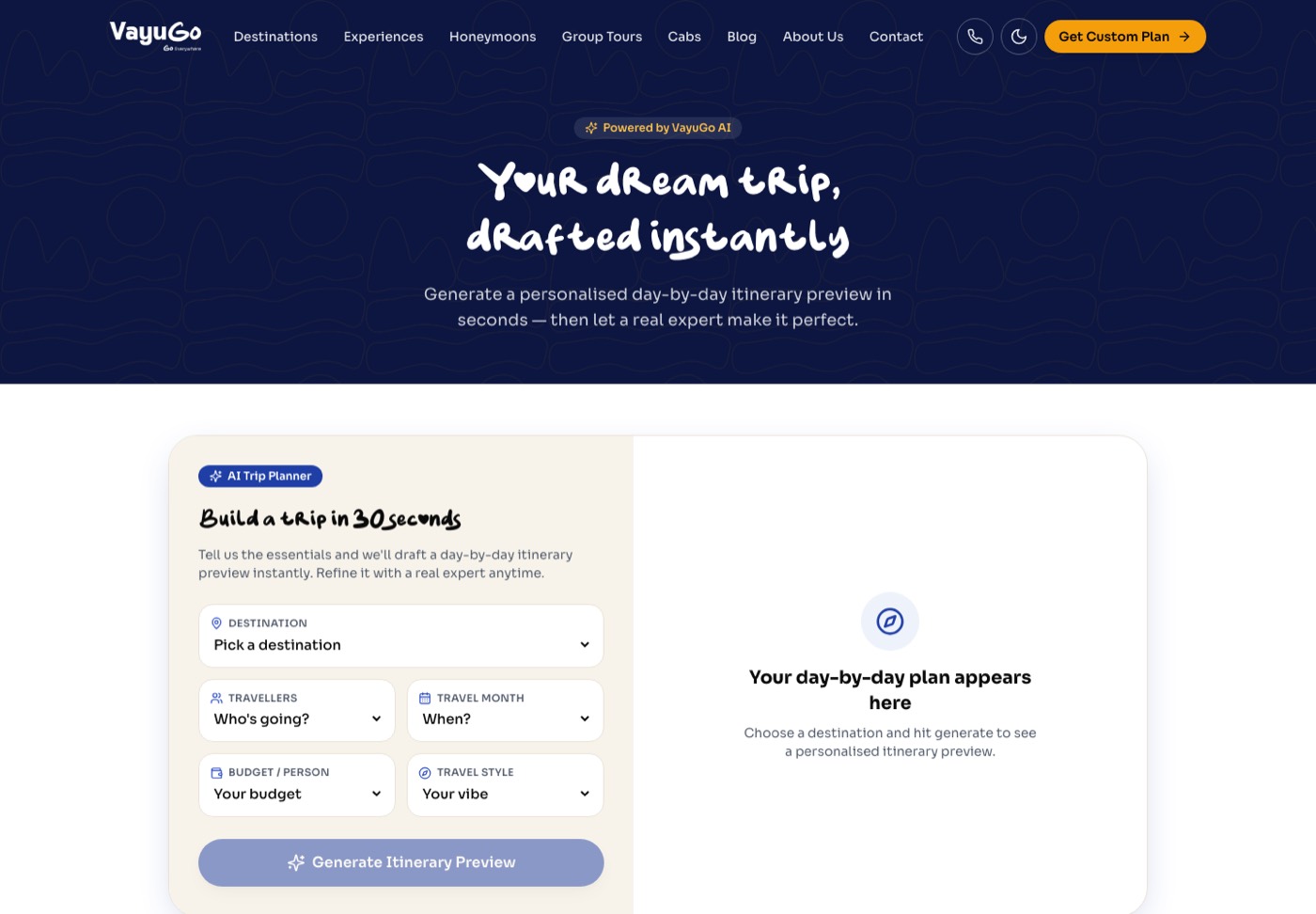 VayuGo AI trip planner form for destination, travellers, month, budget and style