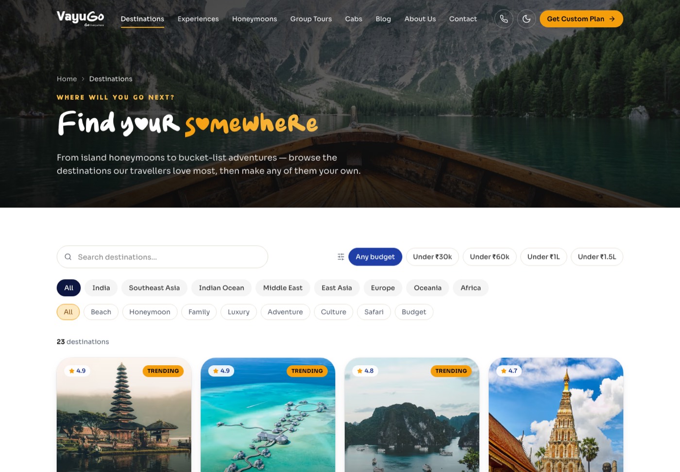 VayuGo destinations grid with filterable cards for international locations