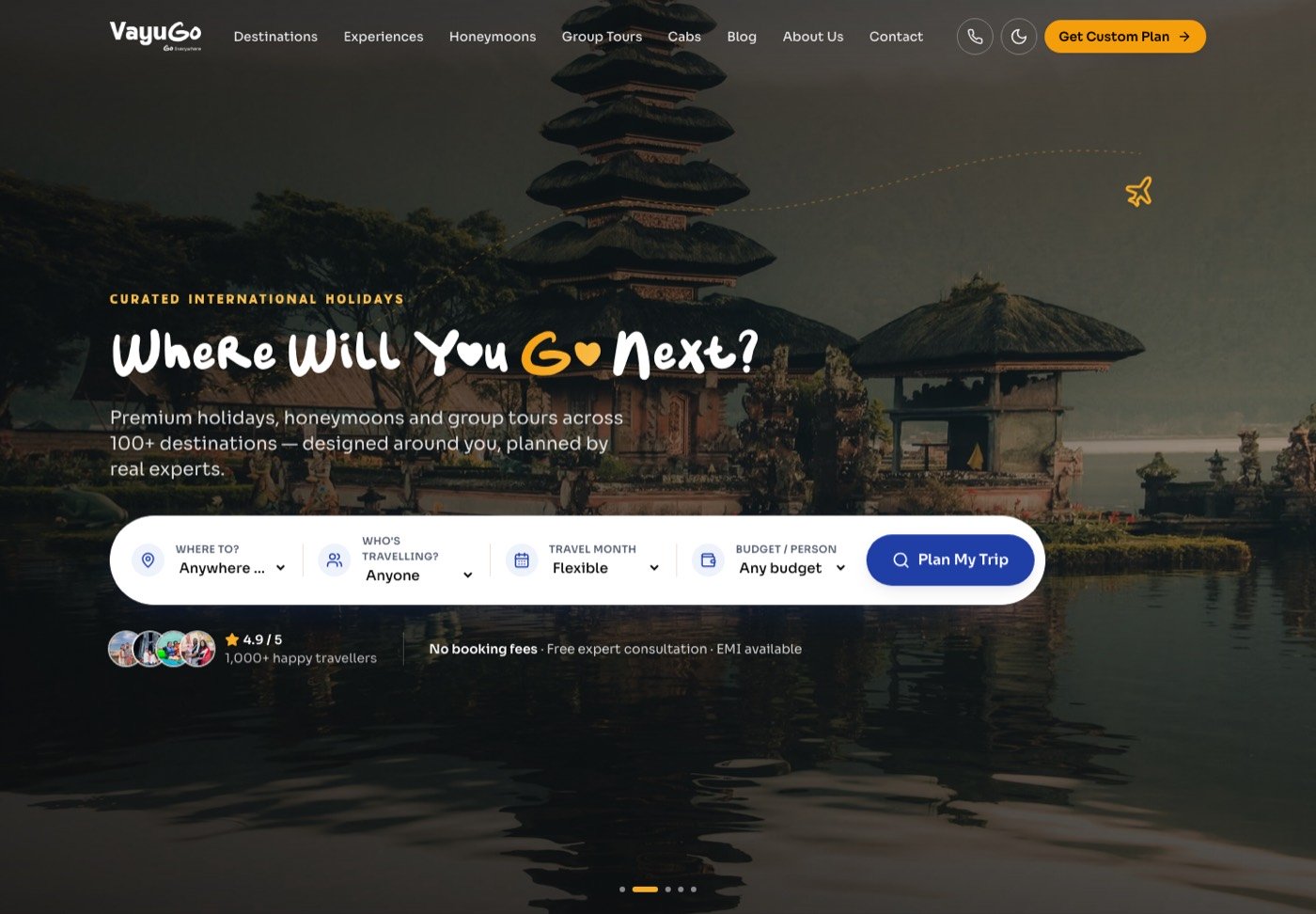 VayuGo travel website homepage