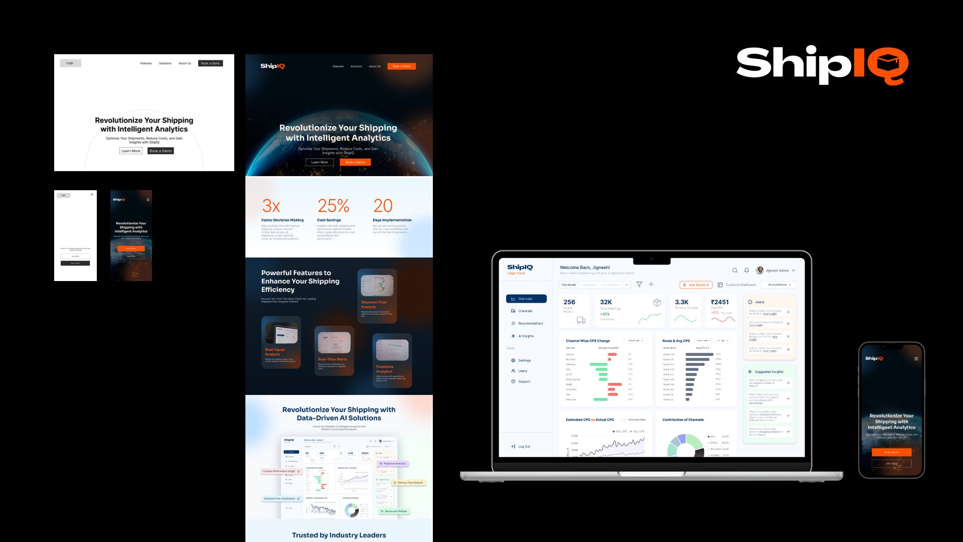Ship IQ landing page and analytics dashboard design, desktop and mobile